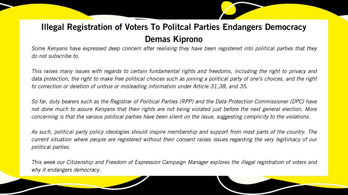 AmnestyKenya's tweet photo. Did you recently find out you are registered to a political party that you didn’t sign up for? In our #AmnestyRead, our Citizenship Campaign Manager @kipdemas explains why the illegal registration is a violation of your rights and a danger to democracy. 
https://t.co/idEKEQvxdg https://t.co/GwKNNUOpYm
