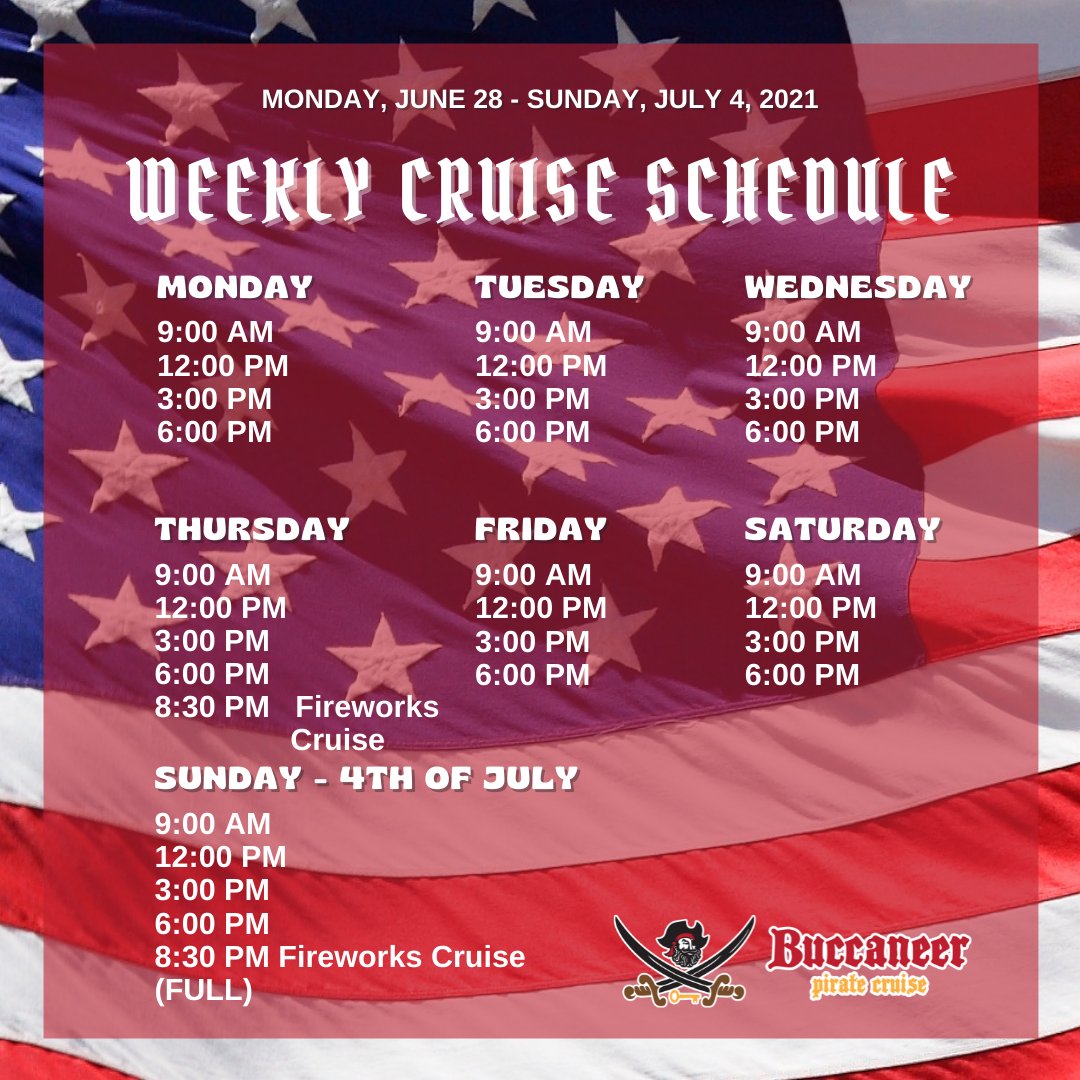 It's a DOUBLE FIREWORKS CRUISE WEEK! 💥  We WILL be sailing this Sunday the 4th of July!  Here's our entire cruise schedule through the 4th!  Book online at bit.ly/3n2BY7u or call 850-269-0896!

#BuccaneerPirateCruise #4thofJuly #DestinFL #DestinFireworks