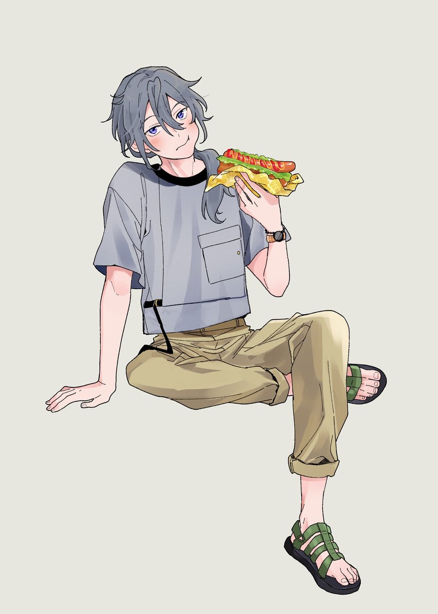 1boy male focus food sandals solo hot dog sitting  illustration images
