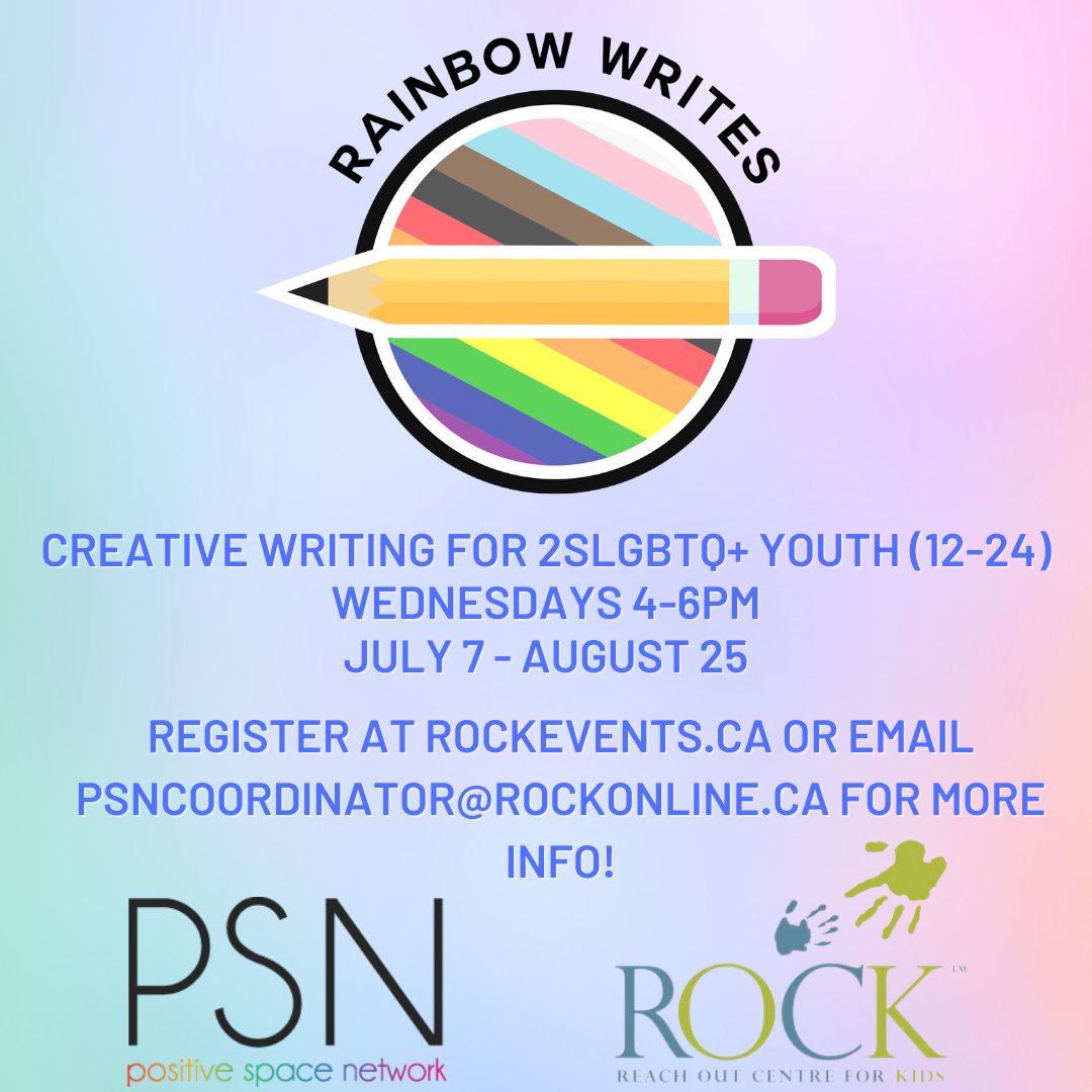 ROCKreachout's tweet image. Back by popular demand for the summer! Calling all 2SLGBTQ+ youth writers!

Have you ever wanted to write creatively, but not known where to begin? Are you craving a safe and inclusive space to practice and share your writing? If so, Rainbow Writes is the place for YOU!