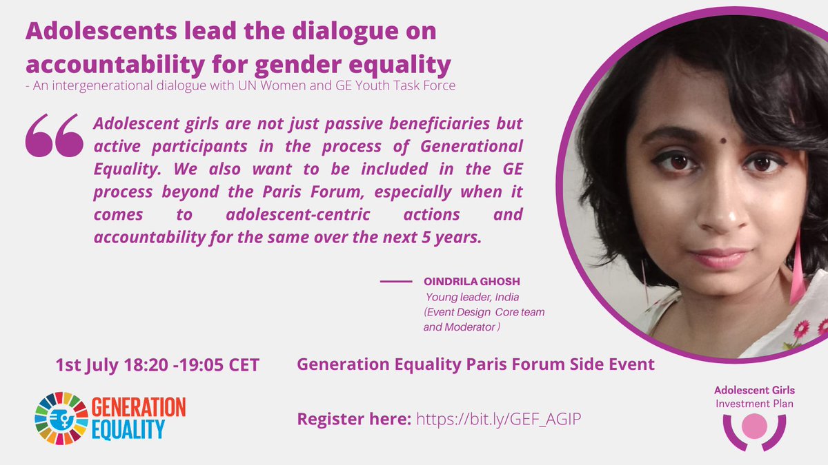 Join the girl leaders as they engage with <a href="/UN_Women/">UN Women</a>
 &amp; <a href="/Beijing25Youth/">Beijing +25 Global Youth Task Force</a> to discuss their inclusion in the #accountability for #GenderEquality beyond the Paris Forum 2021.

#GenerationEquality #GirlsRights #YouthLeadershhip