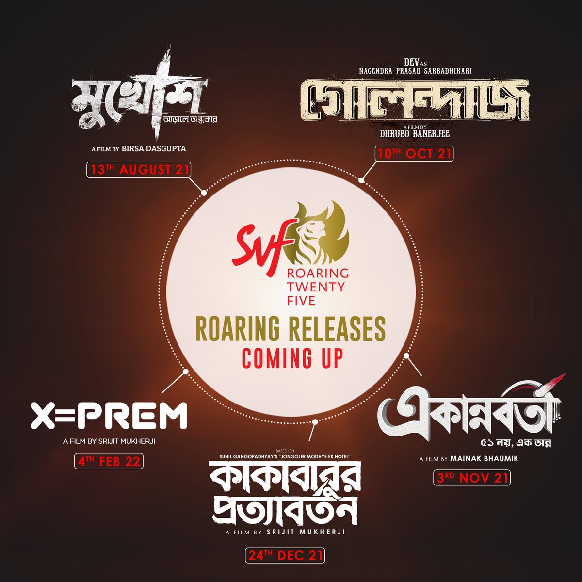 #RoaringReleases #SVF25: @iammony-#ShrikantMohta’s @SVFsocial announces release dates of upcoming #Bengali films:

1. #Mukhosh (director: @BirsaDasgupta): 13 Aug 2021

2. #Golondaaj (director: @dhrubo_banerjee): 10 Oct 2021

3. #Ekannoborti (director: @talkmainak): 3 Nov 2021