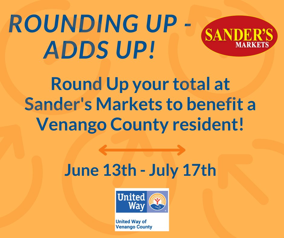 FICDA_'s tweet photo. Be sure to Round Up when you shop at Sander's Markets From June 13th - July 17th, 2021 to support the United Way of Venango County!
Shop local, and support local, to help your family, friends, and neighbors! #Venango #SandersMarkets #UnitedWayVC #RoundUp #AddsUp https://t.co/0LJwT7Yqqw