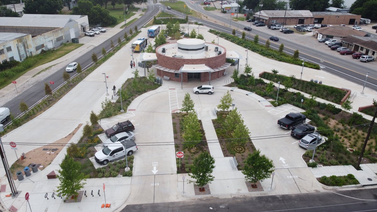 KUTnathan's tweet image. A new transit center that opened today in East Austin on 363 Shady Ln. will for the first time will provide off-street facilities to connect rural @RideCARTS bus service with local @CapMetroATX service. The $5 million facility  includes seating with AC and restrooms.