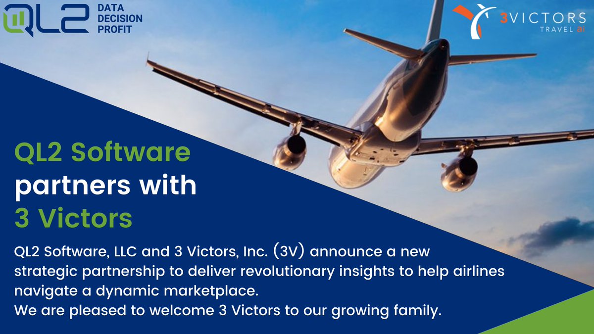 QL2's tweet photo. We are thrilled to announce a new strategic partnership with @3_victors (3V) to deliver revolutionary insights to help airlines navigate a dynamic marketplace.
Read the full announcement here: https://t.co/FdQJchlx5a
#QL2Software #3Victors #QL2 #3V #PriceEye #CompetitiveFareData https://t.co/sfB1gtkN9f