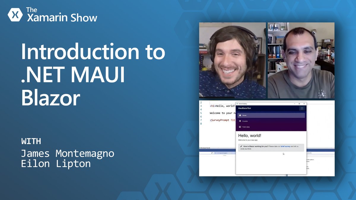 dotnet's tweet image. You can now host Blazor 🔥 components in .NET MAUI apps to build cross-platform native apps using web UI. On today&apos;s #XamarinShow, we get an excellent introduction to #dotNETMAUI Blazor from @JamesMontemagno and @original_ejl. Tune in: msft.it/6017nzq8H