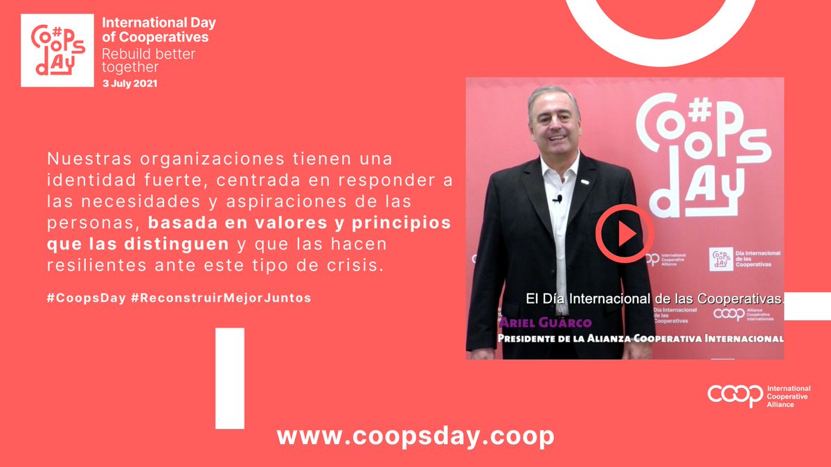 Video de #CoopsDay del Presidente <a href="/ArielGuarco/">Ariel Guarco</a>
 
"Hoy, más que nunca, es necesario un modelo económico con protagonismo de las comunidades y orientado al bien común. Las #cooperativas somos ese modelo"

▶️bit.ly/coopsday2021ES

Producido con <a href="/Aroundcoop/">Aroundtheworldcoop</a>

#ReconstruirMejorJuntos