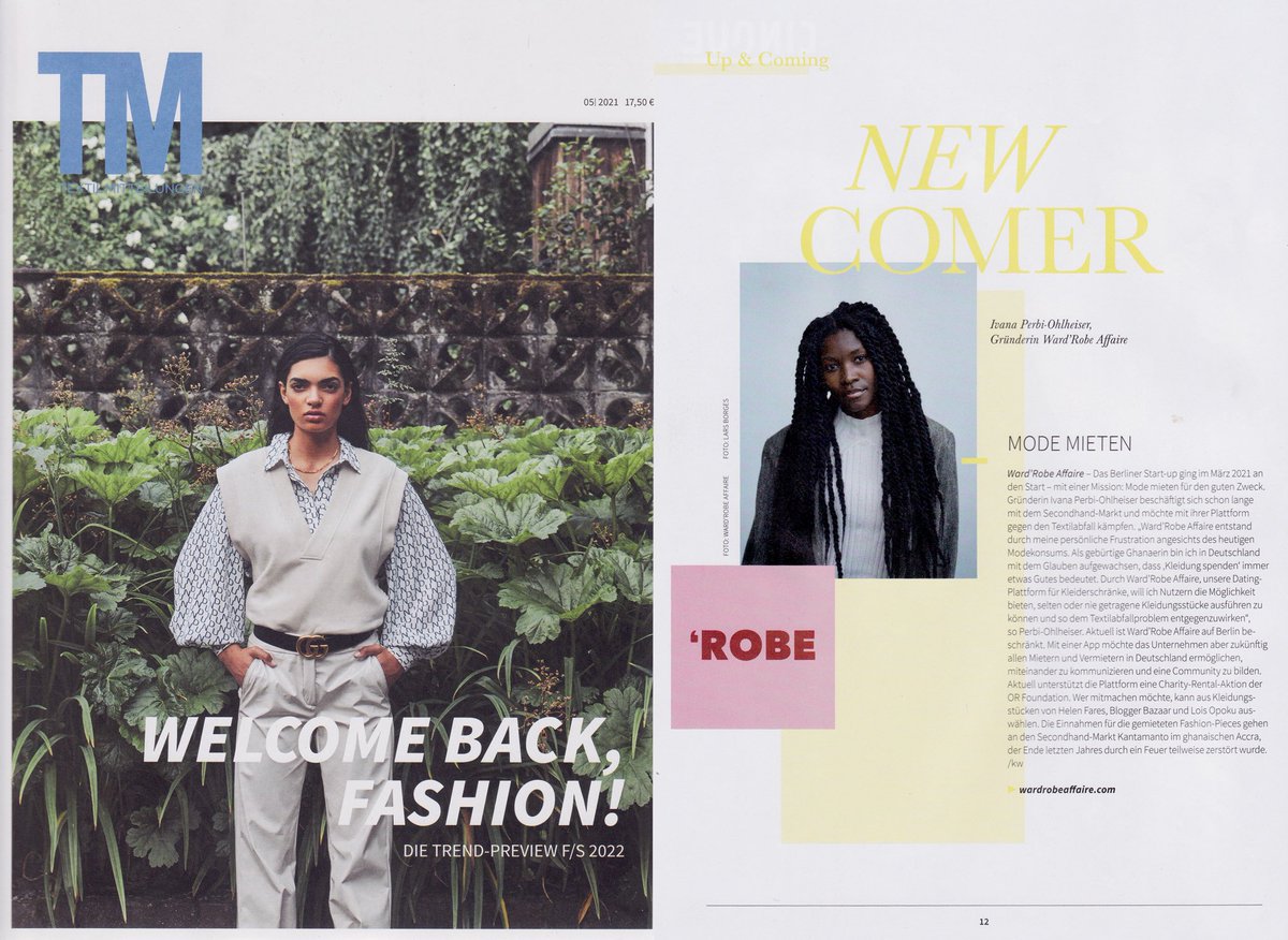 robewayapp's tweet image. We are very thrilled to be featured in this month's TM TextilMitteilunge print copy! 💛

#fashionrental #newcomer  
#startup #berlin #sustainablefashion