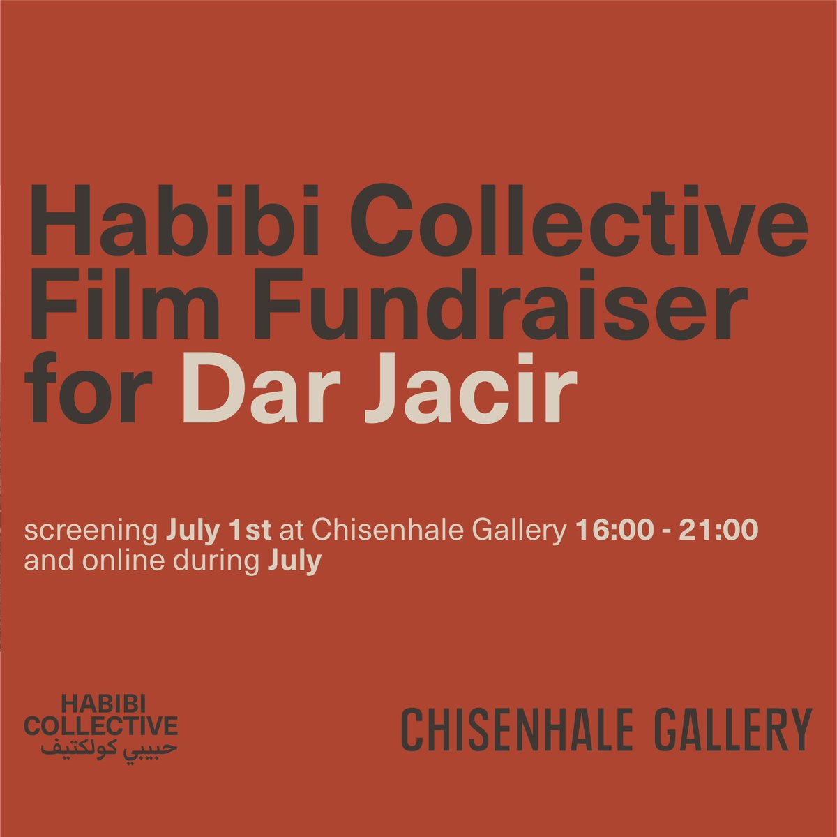 ChisenhaleGal's tweet photo. Join us on Thurs 1 July for a screening of #EmilyJacir's film ‘letter to a friend', organised by #HabibiCollective.
100% of proceeds will be donated towards rebuilding #DarJacir, an artist-run space in Bethlehem that was partially destroyed in May 2021: https://t.co/sPrEWBCXnl https://t.co/vi6vw0LmNi