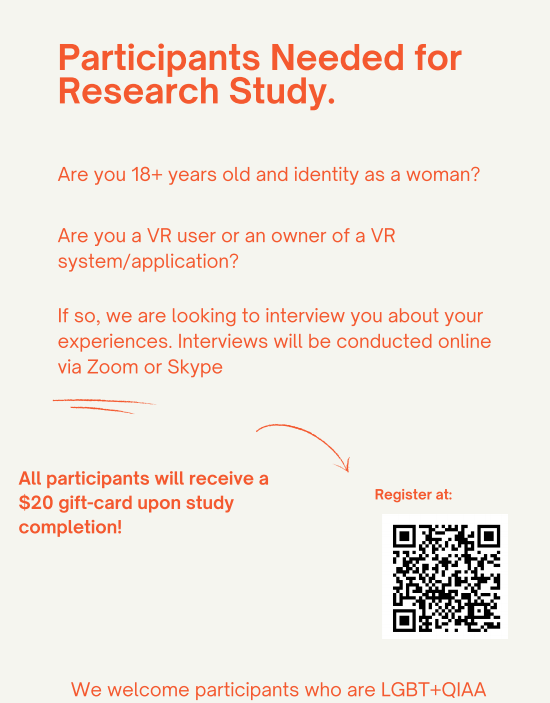 My wonderful lab mate <a href="/cbarwul/">Catherine Barwulor</a> and me are recruiting VR users who are 18+ &amp; identify as women 😎

$20 for an hr of your time! She'll be conducting interviews :-)

details below👇🏿👇🏿👇🏿
