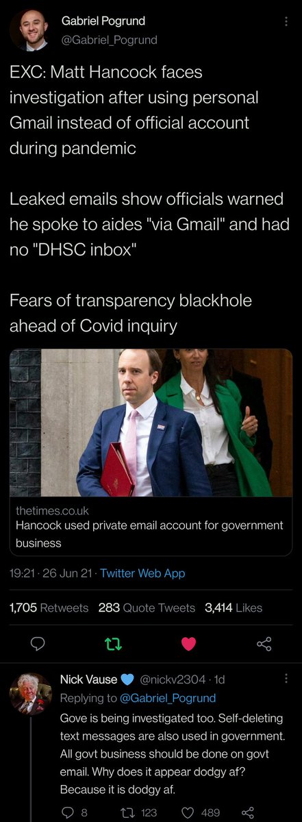 TheStephenRalph's tweet photo. @Kinsellas @PippaCrerar "He spoke to aides "via GMail" and had no "DHSC inbox"" #MattHancock #GMailGate https://t.co/rLereAORjN