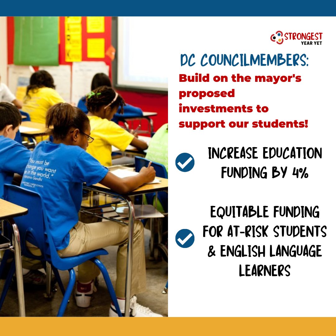 DCISchool's tweet photo. Join the campaign to give DC students their #StrongestYearYet! Urge your members of the @councilofdc to build on the mayor's strong proposed investments in education: https://t.co/elTCVHGwMe https://t.co/wjOV3Cfszx