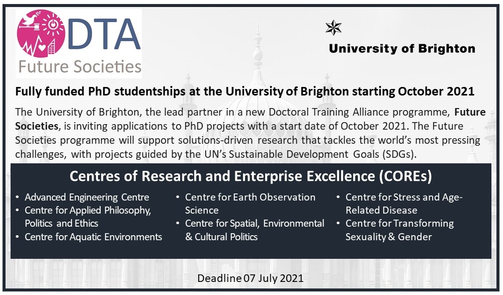 Fully funded #phd #studentship projects at <a href="/uniofbrighton/">University of Brighton</a> starting October 2021. Help tackle today's global challenges. Deadline 07 July. See our website for details! brighton.ac.uk/research-and-e… <a href="/UA_DTA/">DTA</a> #SDGs