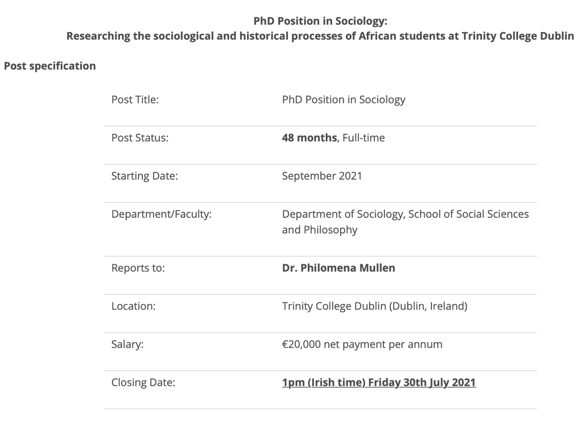 🆕 #PhDVacancy at <a href="/TCDsociology/">Department of Sociology, Trinity College Dublin</a> to undertake innovative archival and sociological research on the historical presence of African students at <a href="/tcddublin/">Trinity College Dublin</a> under the supervision of Dr <a href="/Phil_Mullen_/">Philomena Mullen</a> 
#SocTwitter #AcademicTwitter 

tcd.ie/sociology/vaca…

Deadline: 1pm 30th July 2021