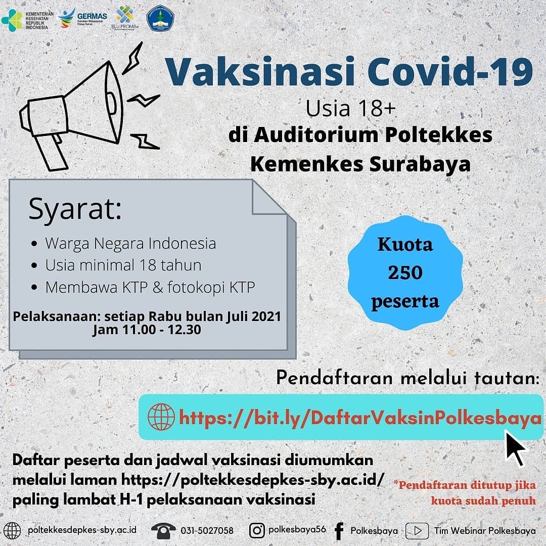Sehatsurabayaku On Twitter Vaksinasi Covid 19 Usia 18 Di Auditorium Terpadu Poltekkes Kemenkes Surabaya Kuota 250 Peserta Syarat 1 Wni 2 Usia Minimal 18 Tahun 3 Membawa Ktp Dan Fotocopy Ktp Pelaksanaan