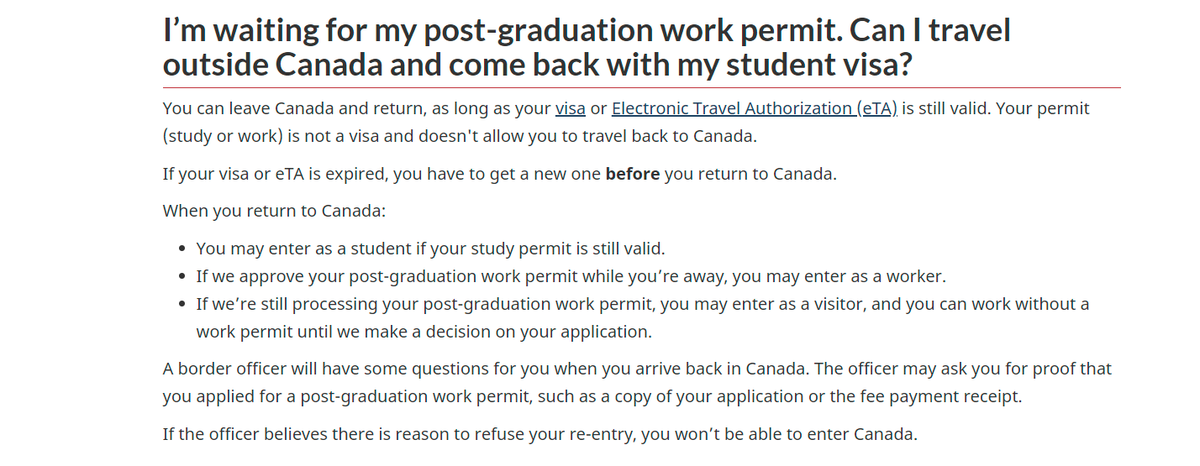 1/2 Please advise if someone who has applied for PGWP from outside Canada (implied status) and has a job offer can travel with a valid visa(Visitor or student) right now? Our return is essential as we have jobs and pay rent there!!! Please provide clarity regarding this loophole!