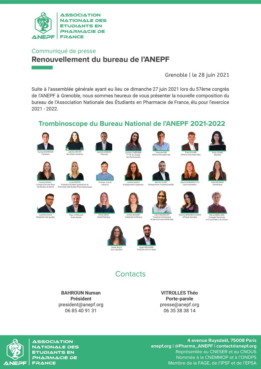 Pharma_ANEPF's tweet image. 📣 #CDP | Élection hier du nouveau bureau mené par @Numan_ANEPF lors du 57ème congrès de l’ANEPF 🗣

Nous avons à cœur de représenter le réseau avec lequel nous allons travailler ! 

Félicitations au bureau 20-21 pour tout le travail accompli en cette année si particulière 👏🏼