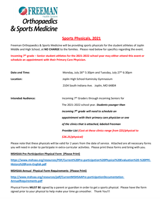 joplin athletics on twitter joplin high school will host freeman free physicals on july 26th and 27th for all upcoming joplin 7th 12th graders please remember that students must have a physical form