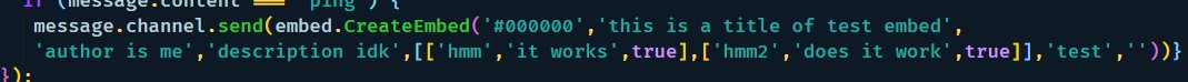 crafter_coder's tweet image. Progress report on the typescript discordbot
Now a simple function can make embeds for all commands, no need to write embed code again and again so that's really helpful
I can use it multiple times in different commands for example the second pic 
#100DaysOfCode @typescript :)