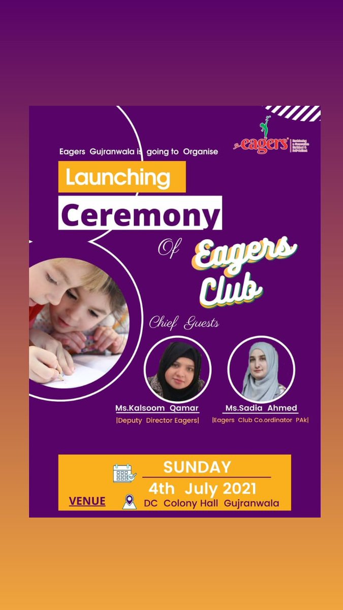 EagersGrw's tweet photo. Eagers Grw is going to organise the launching ceremony of EAGERS CLUB ✨
Your presence would be honored for us.
@EAGERS_Official
#eagersGrw #kidsactivities https://t.co/V0Teg1hOrF