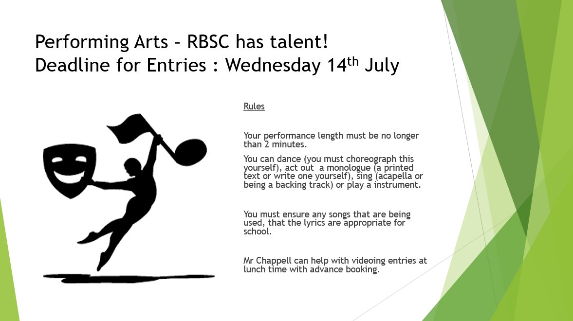The final school community competition of the school year is live! 

See the imageo below for all of the information. 

Remember all entries will receive points that will contribute to your overall score. 

Email all entries to schoolcompetitions@robertblake.org.uk