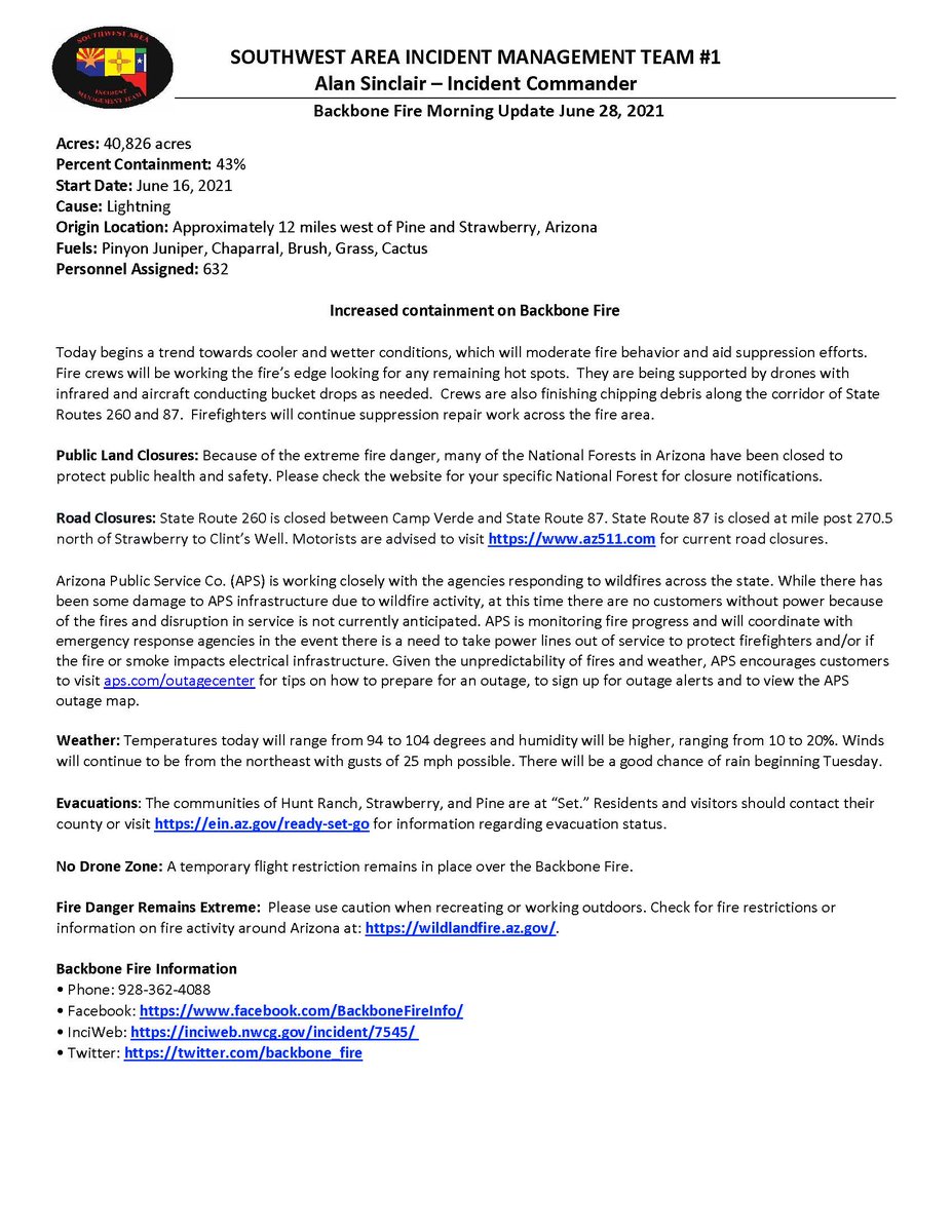 backbone_fire's tweet image. #Backbonefire2021 Morning Fire Update for June 28, 2021
inciweb.nwcg.gov/incident/artic…
U.S. Forest Service - Coconino National Forest