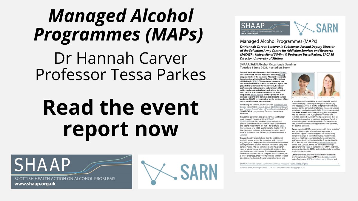 SHAAPAlcohol's tweet photo. Our event report for the SHAAP/@SARNalcohol #AlcoholOccasionals by @DrHannahCarver & @TessaParkes from @SACASRStir on Managed Alcohol Programmes (MAPs) in π΄σ §σ ’σ ³σ £σ ΄σ Ώ is here:
π https://t.co/oRh0WfxhWX
#ManagedAlcohol #HarmReduction #Homelessness #Alcohol https://t.co/jXFVGqXJ5O