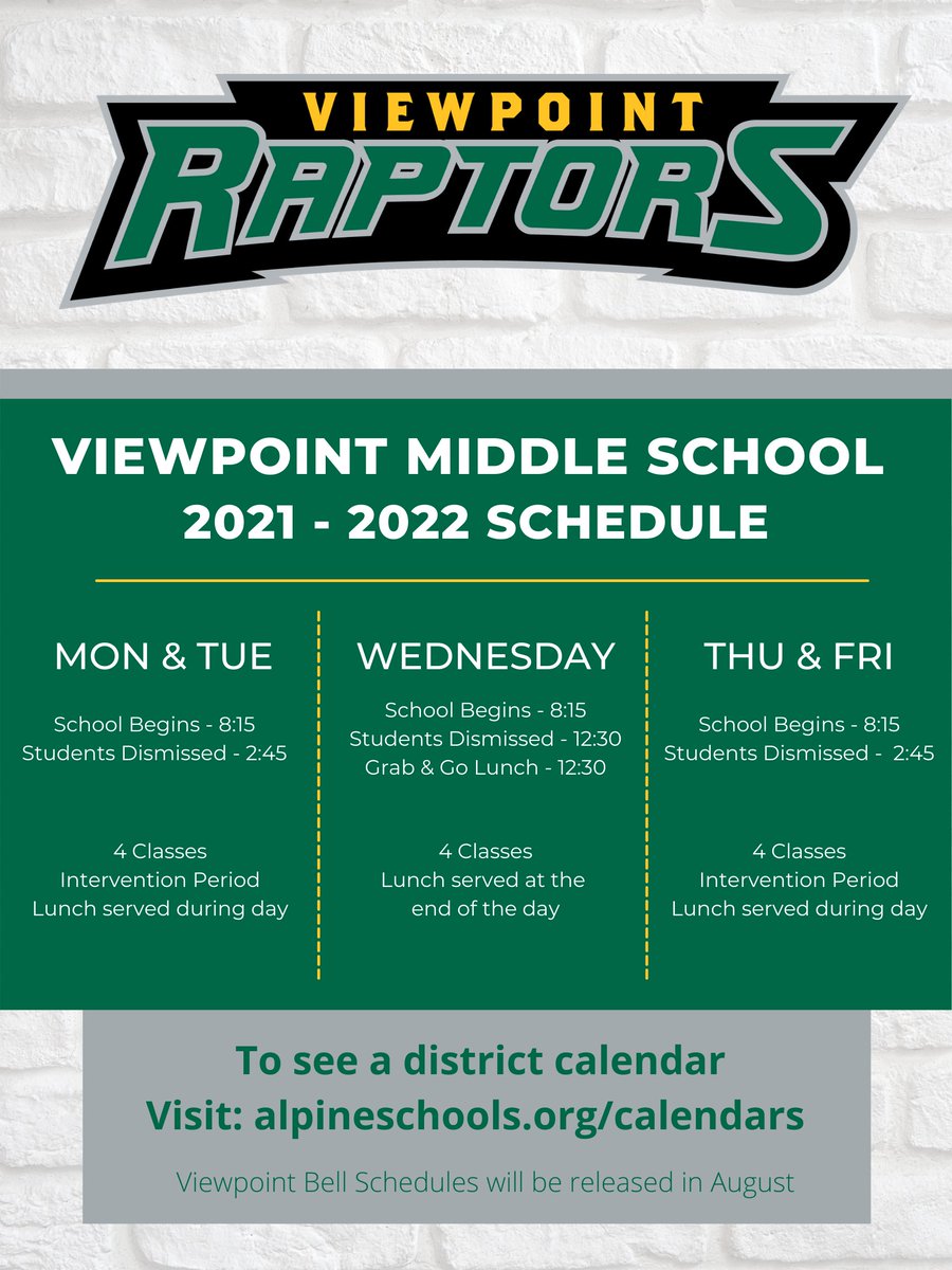 Please see our new start/end time schedule for next year. 
#raptorstrong #vmsraptors #viewpointraptors