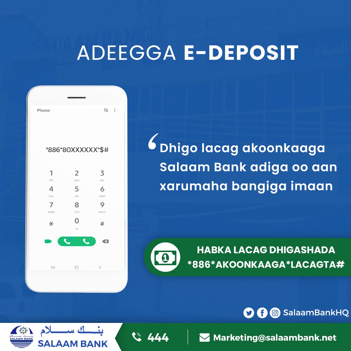 SalaamBankHQ's tweet image. Dhigo lacag akoonkaagaSalaam Bank adiga oo aan xarumaha bangiga imaan.
#EDeposit #SalaamBank