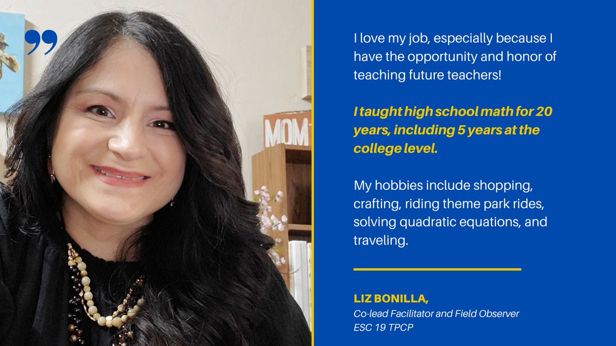 Teresa_Hinojos's tweet photo. Meet the Team Monday! Liz Bonilla is the Co-lead facilitator and instructor for TPCP. She is an integral part of the team and she is a math content expert. #WeR19 @ESCRegion19 @TPCP_Region19 @Liz_C_Bonilla #teacher #careergoals #careerchange #jobprospect https://t.co/0E1t3TO3kN