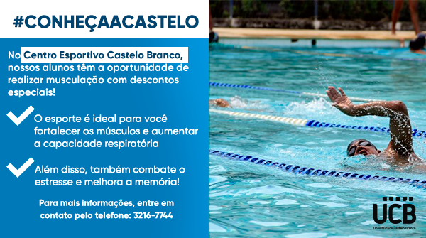 A natação melhora a respiração e fortalece os músculos.

E pra você que é esquecido(a), o esporte também melhora a memória! 😅😅

Aluno da UCB possui descontos especiais. Para mais informações, ligue: 3216-7744.

Partiu nadar? 🏊🏼‍🏊🏼‍