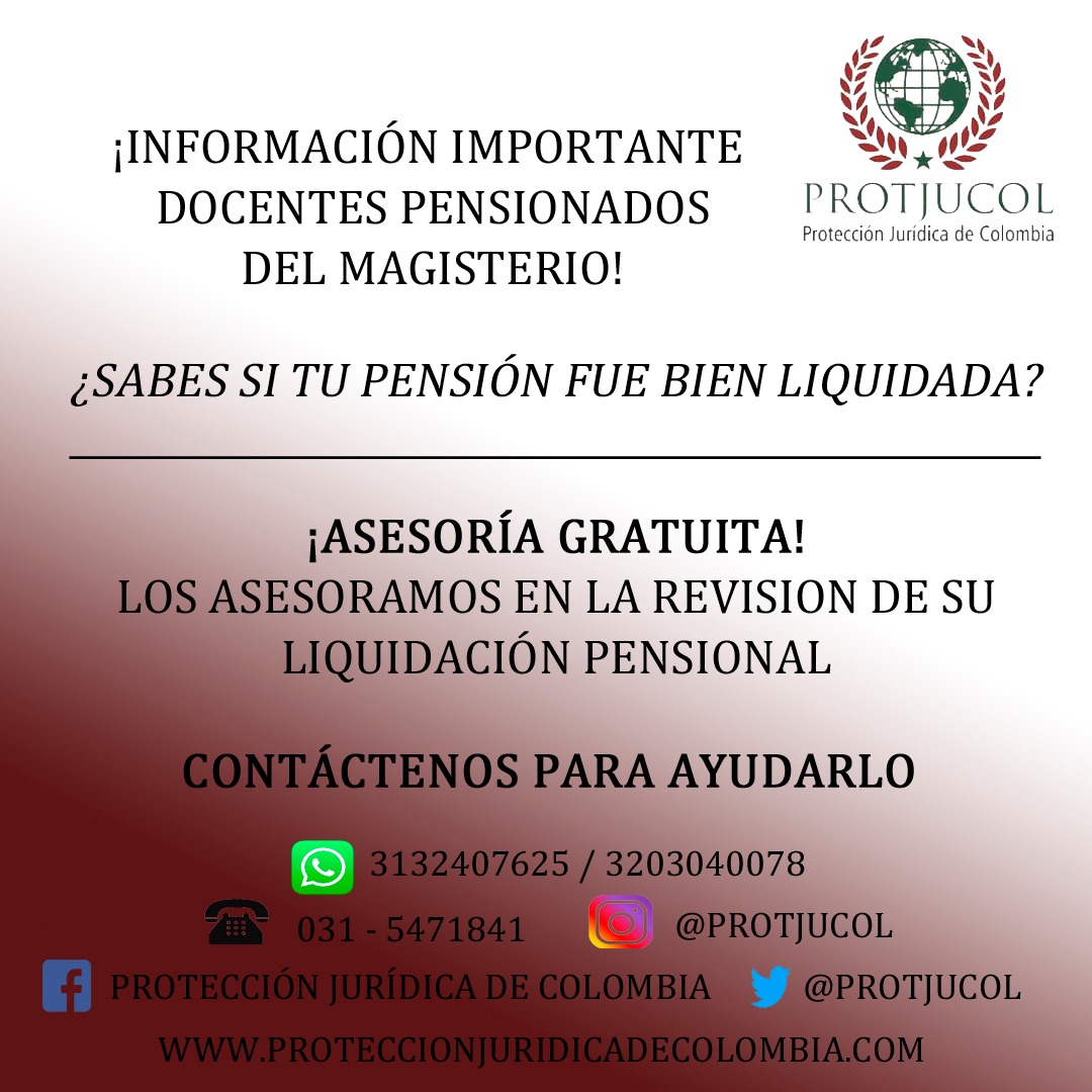 Protjucol's tweet photo. Docentes del magisterio🤝
¿Sabes si tu pensión fue bien liquidada?

✔️ Te ayudamos a revisar todos los factores. 
✔️Brindamos la asesoría gratuita ➡️ ➡️ ➡️
Contáctenos

☎️ 031-5471841
📱 3132407625
www.proteccionjuridicadecolombia.con

 #abogados #pension #cesantías #docentes https://t.co/WVMaFoEZGG