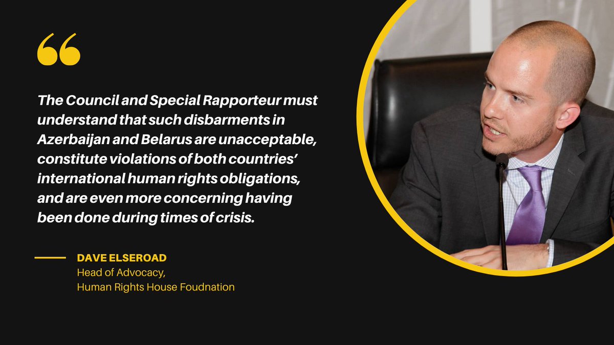 Human Rights House Foundation (@hrhfoundation) on Twitter photo In #Azerbaijan and #Belarus, many #humanrights lawyers have been disbarred, violating both countries' international obligations.
Full #HRC47 statement 👉 bit.ly/2UaQgsl @UNIndepJudges <a href="/UN_SPExperts/">UN Special Procedures</a> In #Azerbaijan and #Belarus, many #humanrights lawyers have been disbarred, violating both countries' international obligations.
Full #HRC47 statement 👉 bit.ly/2UaQgsl @UNIndepJudges <a href="/UN_SPExperts/">UN Special Procedures</a>
