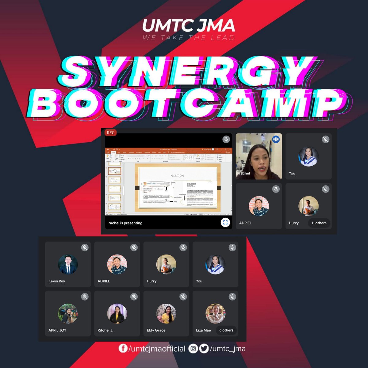umtc_jma's tweet photo. 𝐃𝐀𝐘 𝟓 of Synergy Training Bootcamp as Ms. Rachel Plomo will talk about the technicalities and discuss the process of how to create an effective communication letter.

#SynergyTraining #UMTCJMAExecutiveBoard https://t.co/8dTSDzTJ7N