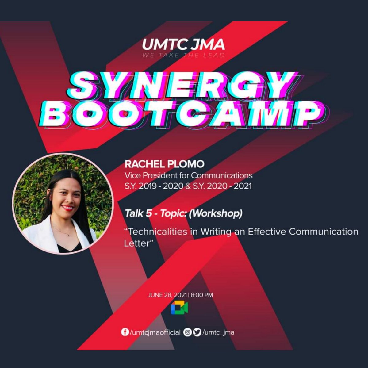 umtc_jma's tweet photo. 𝐃𝐀𝐘 𝟓 of Synergy Training Bootcamp as Ms. Rachel Plomo will talk about the technicalities and discuss the process of how to create an effective communication letter.

#SynergyTraining #UMTCJMAExecutiveBoard https://t.co/8dTSDzTJ7N