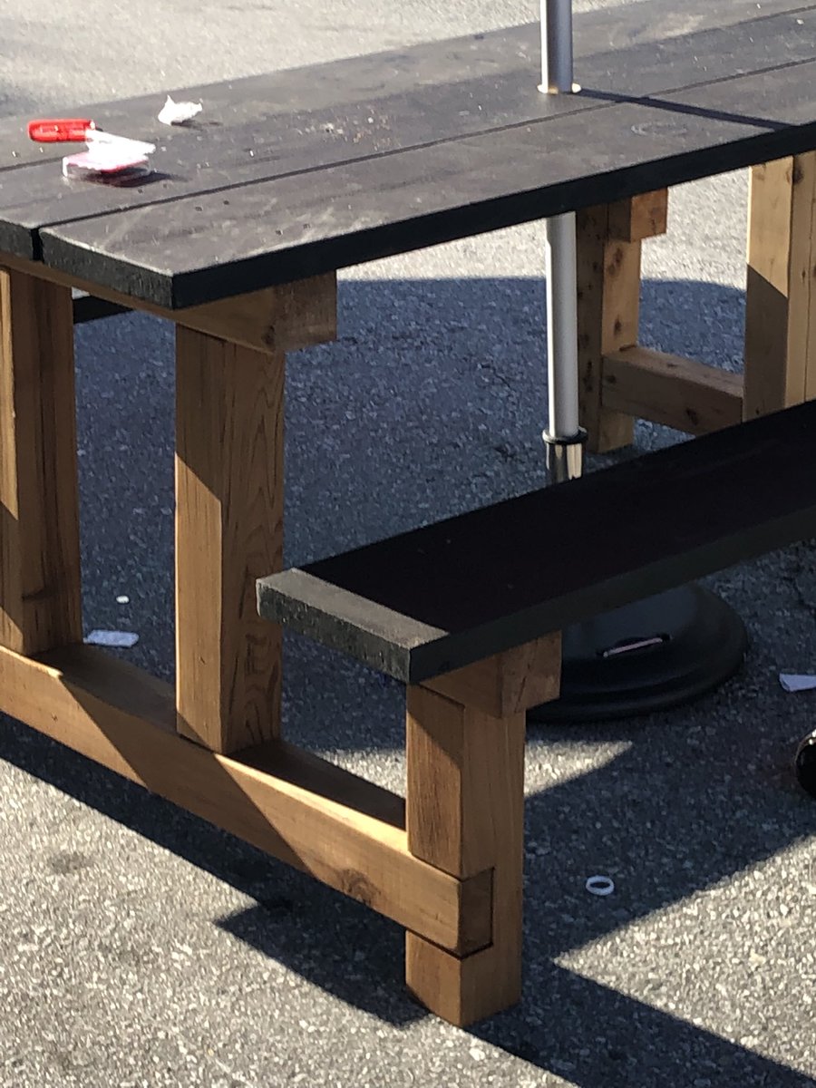 eastvanista's tweet photo. The #popupplazas at the end of my block on Grant St. at @Commerciald is an embarrassment. Where’s the garbage/recycling/compost station? water station? Proper shade? Washrooms? Or aesthetic style? I’m all for public spaces but a few picnic tables on hot asphalt doesn’t cut it. https://t.co/TTZhN0OILa