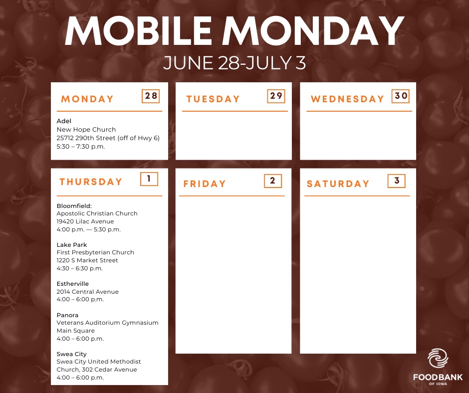 Below are this week's food distributions with Food Bank of Iowa

Learn more about our distributions at ow.ly/frd150CMrEz. 
If you need other options for food assistance, please visit foodbankiowa.org/gethelp