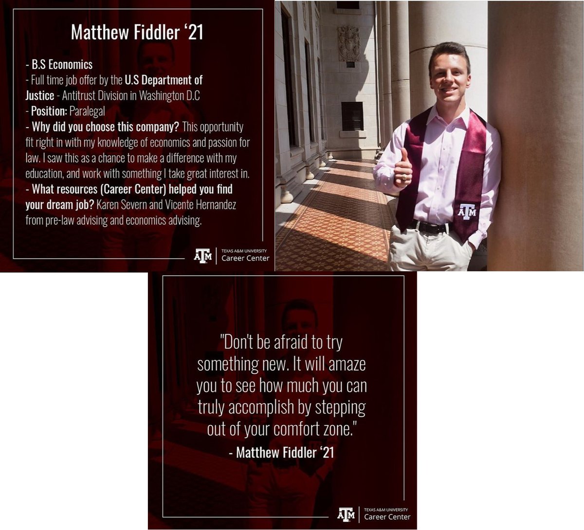 Shout-out to recent ECON graduate Matthew Fiddler on securing a position with the The United States Department of Justice and kudos to our senior advisor Vince Hernandez. Whoop!!!! Photo credit: TAMU Career Center's Instagram page: @hireaggies