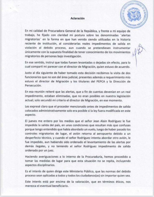 PrimerRd's tweet image. Declaración de la procuradora general de la República, Miriam Germán Brito, sobre impedimento de salida del país de @JeanARodriguezS  @pgaserd @PrimerRd @NapoleonCruzS @Miguelsusan