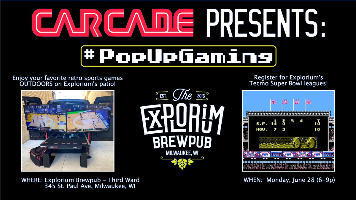 CARCADEgames's tweet photo. 🚨 #PopUpGaming 🚨
@ExploriumBrew @ThirdWardMKE
TONIGHT! Monday, June 28 (6-9p)
Play your favorite retro sports games OUTDOORS on Explorium's Third Ward patio + sign up for leagues!
#PARKandPLAY #AnywhereArcade #Milwaukee https://t.co/xRmJ3Oos8Q