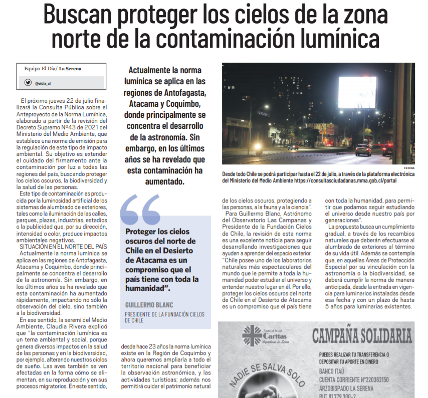 🗞️Hoy en <a href="/eldia_cl/">Diario El Día</a> nuestra Seremi <a href="/ClaudiaRiveraR2/">Claudia Rivera Rojas</a> invitó a participar en la Consulta Pública sobre la ampliación de la Norma Lumínica a todo Chile🌌

Recuerda ingresar tus observaciones hasta el 22 de julio en consultasciudadanas.mma.gob.cl

✅Revisa la nota en cutt.ly/Hmux67Y