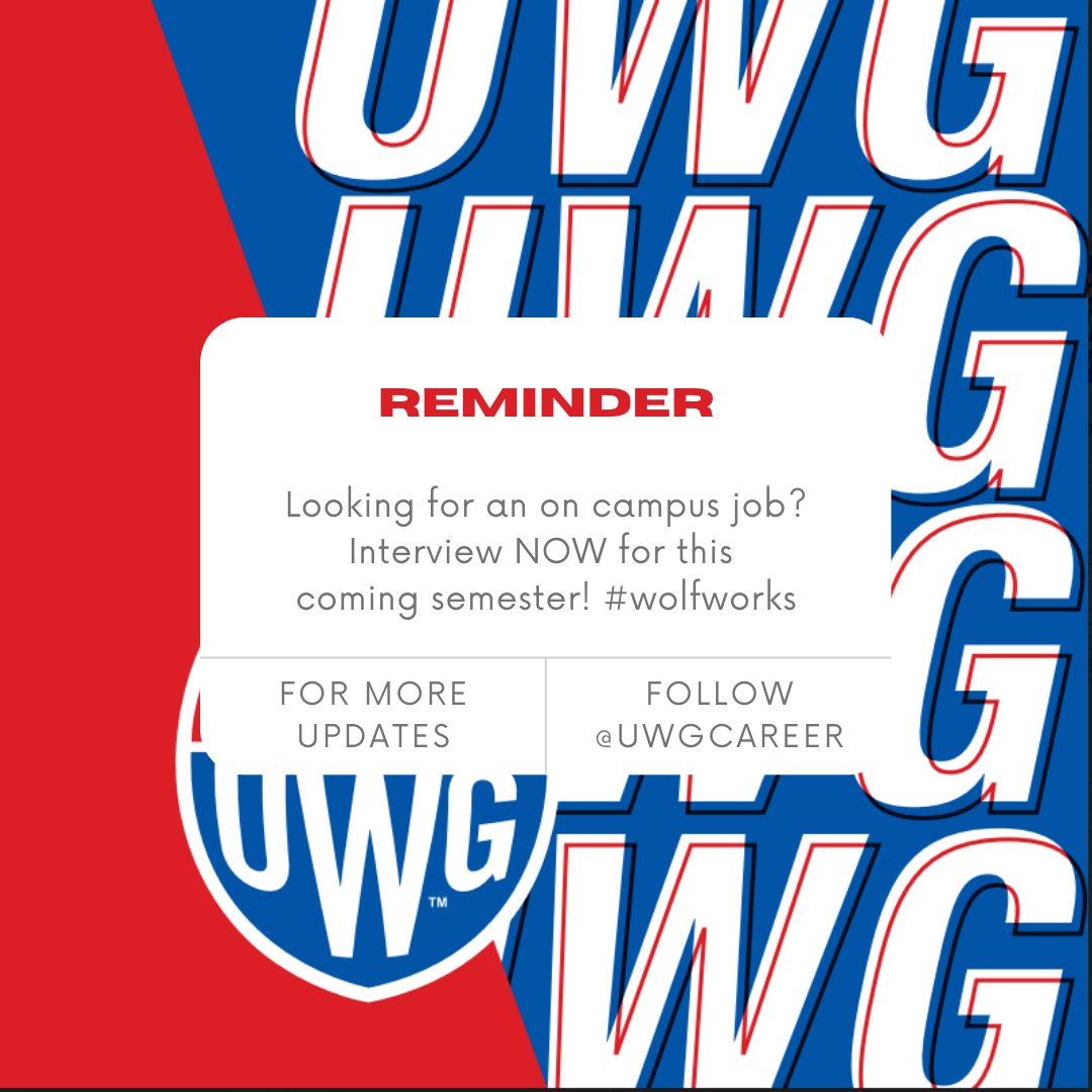 UWG_NSP's tweet photo. Hey Wolves! Are you looking for an on campus job this for the semester? If so, you can interview NOW for the upcoming Fall 2021 semester! Go to https://t.co/dJVTIvlpAL to see the opportunities! #wolfworks #uwgcareer https://t.co/jxpG0dw0og