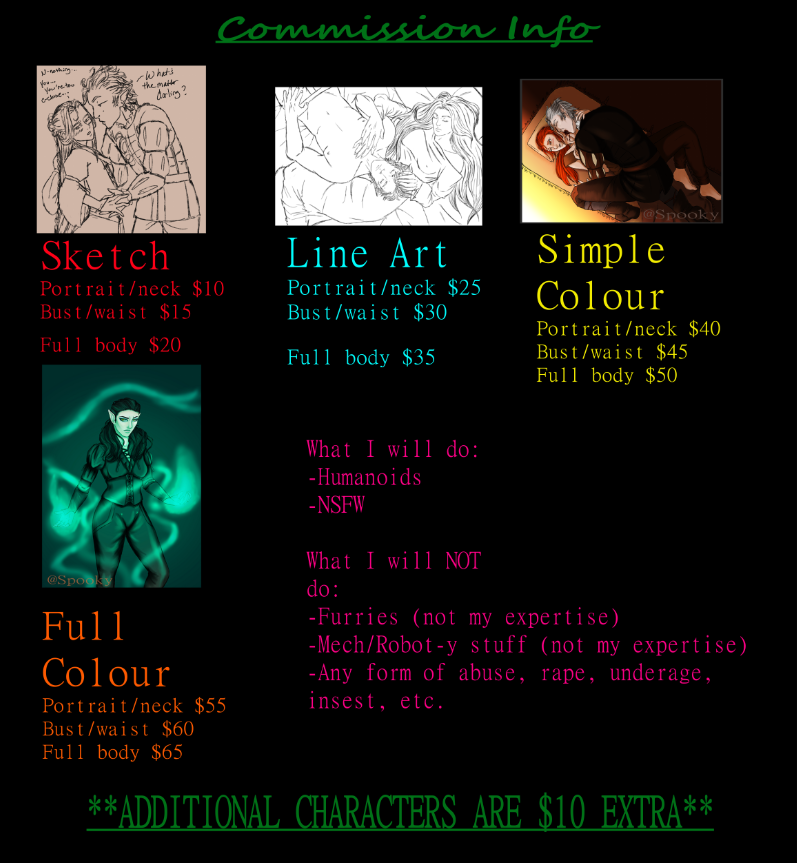SpookyScaryGame's tweet photo. COMMISSION INFO  (OPENING SOON)
I will be opening 3 slots, so if you are interested, check out my ko-fi in my bio, DM me if its an NSFW on here or if you know my discord(same server or friends on there) that is available. 

#ArtistOnTwitter #CommissionSheet https://t.co/mN10tZZbQD