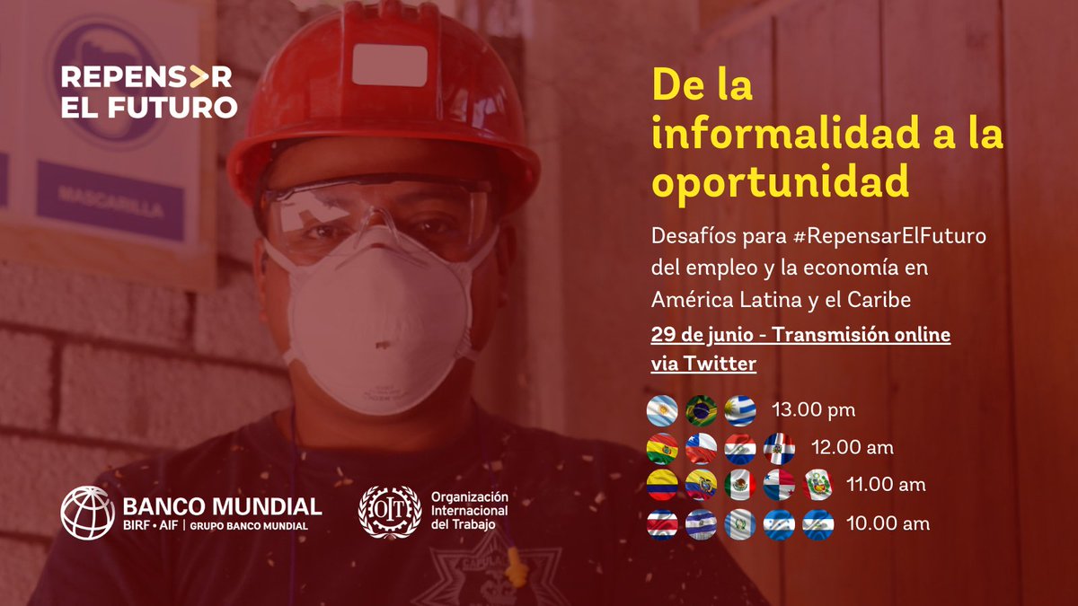 🗓️#EnAgenda | 29/06

Webinar👩🏽‍💻👨🏽‍💻 "De la informalidad a la oportunidad - Desafíos para #RepensarElFuturo del empleo y la economía en ALyC🌎"

Únete a esta conversación urgente convocada x <a href="/OITAmericas/">OIT Américas</a>-<a href="/BancoMundialLAC/">Banco Mundial | América Latina y el Caribe</a> que podrás ver en vivo vía Twitter.

▶ wrld.bg/mhm250Fi0OT