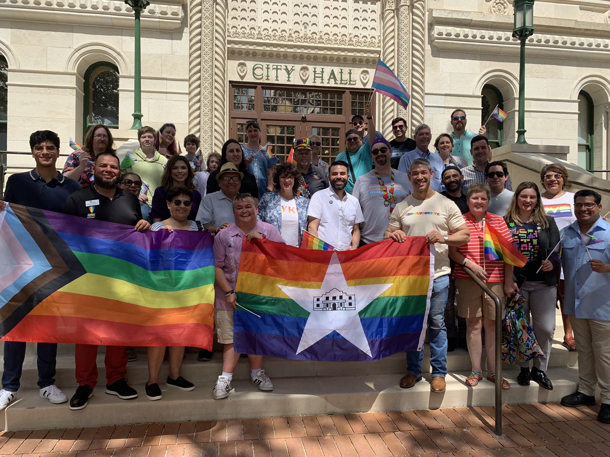 Ron_Nirenberg's tweet photo. For the first time in San Antonio’s history, a Pride version of our official city flag will fly over City Hall to commemorate this month’s celebrations.

In our city, y’all will always mean ALL.

Thank you to our LGBTQ Advisory Committee for the recommendation! https://t.co/8gMmkJSW6f