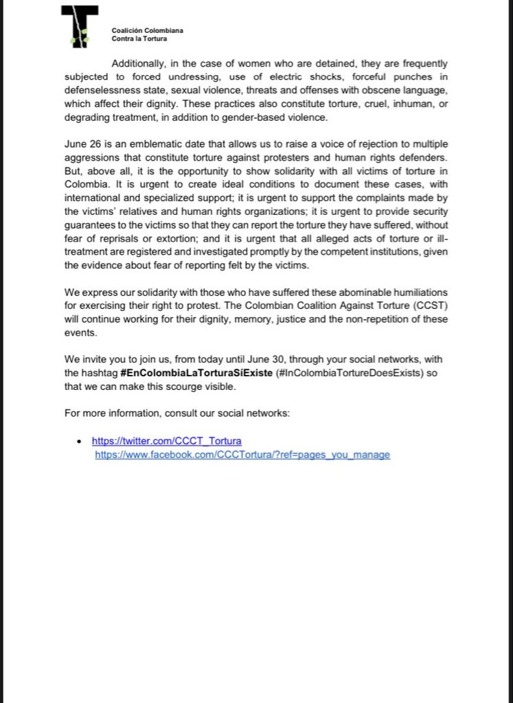 #EnColombiaLaTorturaSiExiste Jun 26, International Day in Support of Victims of Torture and other cruel, inhuman and degrading treatment.  The Colombian Coalition Against Torture, demands the government: stop torture in the National Strike. #InternationalDayAgainstTorture