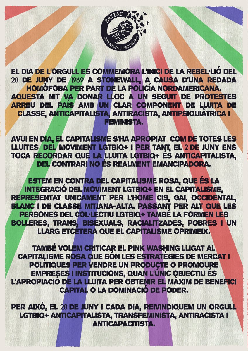 Reivindiquem un orgull LGTBIQ+ anticapitalista, transfeminista, antiracista i anticapacitista, avui i cada dia! #28Juny
