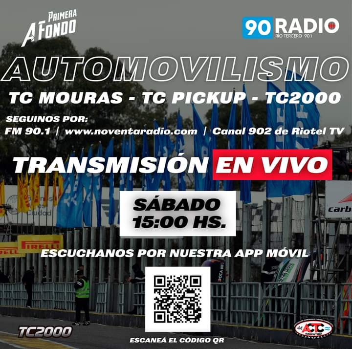 #AutomovilismoEnVivo ¡𝟗𝟎 𝐫𝐚𝐝𝐢𝐨 𝐲 𝐏𝐫𝐢𝐦𝐞𝐫𝐚 𝐚 𝐅𝐨𝐧𝐝𝐨 𝐭𝐫𝐚𝐧𝐬𝐦𝐢𝐭𝐞𝐧 𝐄𝐍 𝐕𝐈𝐕𝐎 todo el automovilismo del fin de semana! 🏁 

🔹 sábado 15 hs - 90.1 | 90radio.com | Canal 902 Riotel TV

🔊Escaneá el código QR y escuchanos por nuestra #APP 📲