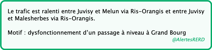 AlertesRERD's tweet photo. @AlertesRERD 🚨Ⓓ - DYSFONCTIONNEMENT D'UN PASSAGE À NIVEAU (1)

Ligne D : Juvisy - Melun / Malesherbes ralenti

☞ Ligne D : Juvisy - Melun / Malesherbes ralenti

#RERD
(SNCF - 26/06/21 15:38) https://t.co/vfodQ1Hiov