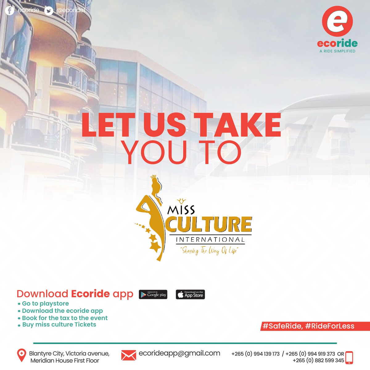 Ecoride1's tweet photo. it's today !!
Are you planning to watch Miss Culture International?
Ecoride is here for you, all you have to do is to download Ecoride App on Google play & App store, Our driver will come pick you up
#SafeRideForLess
#RideSimplified
#EcorideApp
#ProudSponsor https://t.co/oT8MaVemE5